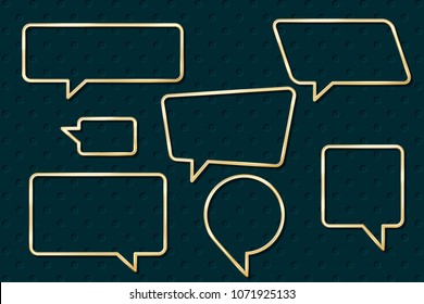 Speech Bubbles Set of Outlined Glossy Gold Style Circle Distorted Rectangle and Square Blank Trendy Shapes - Golden Elements on Turquoise Holes Wallpaper Background - Vector Gradient Graphic Design