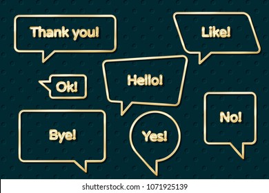 Speech Bubbles Set of Outlined Glossy Trendy Shapes with Popular Speech Phrases - Golden Elements on Turquoise Holes Wallpaper Background - Vector Gradient Graphic Design