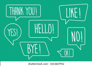 Speech Bubbles Set of Outlined Inverted Trendy Shapes with Popular Speech Phrases Handwritten Lettering - White Elements on Green Dots Wallpaper Background - Vector Flat Graphic Design