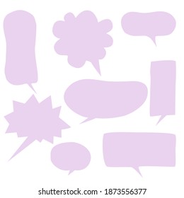 Speech bubbles set with pastel colors empty bubbles, speaking and talk, communication and dialogue vector illustrations, isolated on a light purple background.