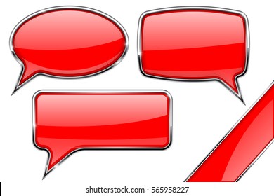 Speech bubbles. Set of red communication 3d icons with chrome frame. Vector illustration isolated on white background
