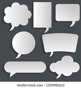 Speech bubbles set with shadows. Set of white paper stickers of different shapes on white background. Round, square, rectangular, triangular. Label sign vector illustration. Speech design element.