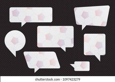 Speech Bubbles Set of Striped Football or Soccer Ball Texture Rectangle Distorted and Circle Blank Trendy Shapes - Blue Grey and Red on Black Dots Wallpaper Background - Vector Gradient Graphic Design