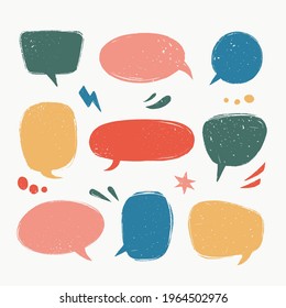 Speech bubbles set. Various talk balloon shapes in vintage style with grunge texture. Hand-drawn infographic Vector collection.