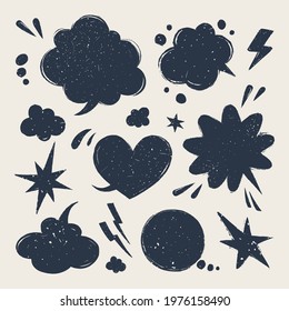 Speech bubbles set. Various talk balloon shapes in vintage style with grunge texture. Hand-drawn infographic Vector collection.