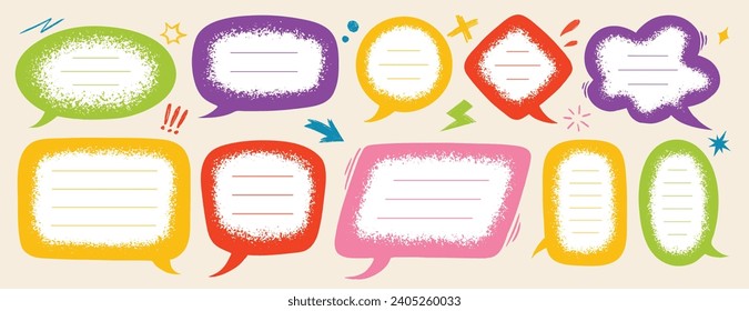 Speech bubbles set. Various talk balloon shapes, colorful chat text boxes with grainy texture vector set.