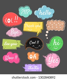 Speech bubbles set vector in flat design with short messages,hand-drawn