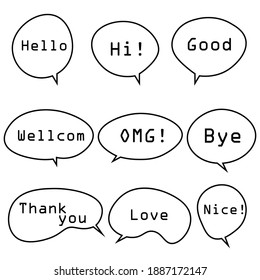 Speech bubbles set with words, speaking and talk, communication and conversation, vector illustrations.
