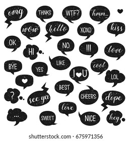 Speech Bubbles Set. Yes, Bye, Hi, Like, Love, Kiss, Best, No, Thanks, Hmm, Cool, Cheers, Ok, Dope, Omg. Vector.