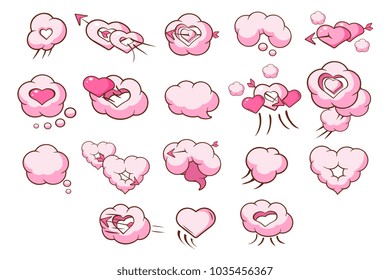 Speech bubbles in shape of hearts set, pink clouds, Valentines Day concept vector Illustrations on a white background