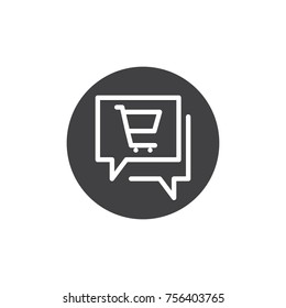 Speech bubbles with shopping cart icon vector, filled flat sign, solid pictogram isolated on white. Express online buying symbol, logo illustration.