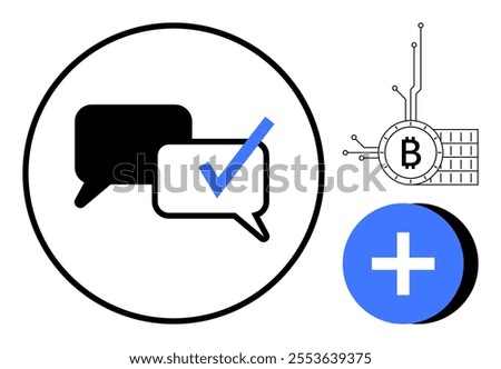 Speech bubbles are shown inside a circle with a blue check mark. A Bitcoin symbol with circuit lines and a blue plus sign is also present. Ideal for technology, communication, cryptocurrency