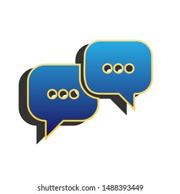 Speech bubbles sign. Blue icon with gold contour with dark gray shadow at white background. Illustration.