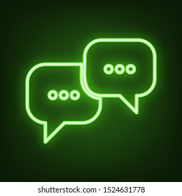 Speech bubbles sign. Green neon icon in the dark. Blurred lightening. Illustration.