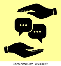 Speech bubbles sign. Save or protect symbol by hands.