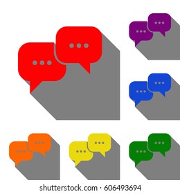 Speech bubbles sign. Set of red, orange, yellow, green, blue and violet icons at white background with flat shadow.