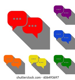 Speech bubbles sign. Set of red, orange, yellow, green, blue and violet icons at white background with flat shadow.