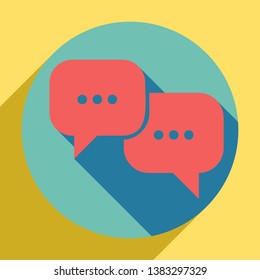 Speech bubbles sign. Sunset orange icon with llapis lazuli shadow inside medium aquamarine circle with different goldenrod shadow at royal yellow background.