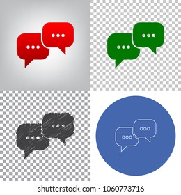 Speech bubbles sign. Vector. 4 styles. Red gradient in radial lighted background, green flat and gray scribble icons on transparent and linear one in blue circle.