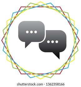 Speech bubbles sign. Vector. Black icon with patch of light inside colorful hexagonal frames at white background.