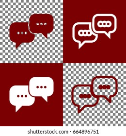 Speech bubbles sign. Vector. Bordo and white icons and line icons on chess board with transparent background.