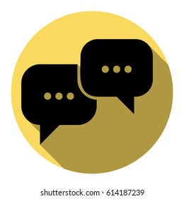 Speech bubbles sign. Vector. Flat black icon with flat shadow on royal yellow circle with white background. Isolated.