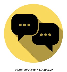 Speech bubbles sign. Vector. Flat black icon with flat shadow on royal yellow circle with white background. Isolated.