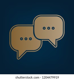 Speech bubbles sign. Vector. Golden icon and border at dark cyan background.