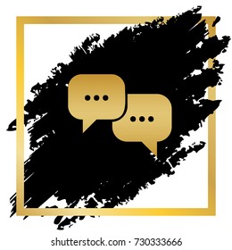 Speech bubbles sign. Vector. Golden icon at black spot inside golden frame on white background.
