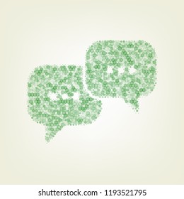 Speech bubbles sign. Vector. Green hexagon rastered icon and noised opacity and size at light green background with central light.