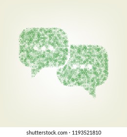 Speech bubbles sign. Vector. Green hexagon rastered icon and noised opacity and size at light green background with central light.