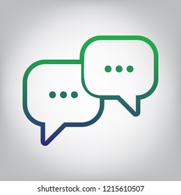 Speech bubbles sign. Vector. Green to blue gradient contour icon at grayish background with light in center.