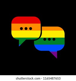 Speech bubbles sign. Vector. Icon with colors of LGBT flag at black background.