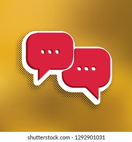 Speech bubbles sign. Vector. Magenta icon with darker shadow, white sticker and black popart shadow on golden background.