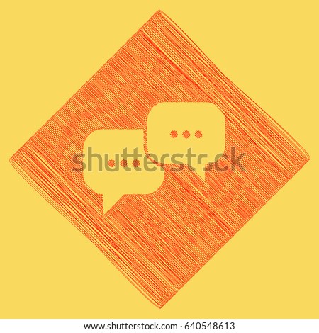 Speech bubbles sign. Vector. Red scribble icon obtained as a result of subtraction rhomb and path. Royal yellow background.