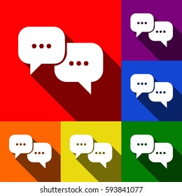 Speech bubbles sign. Vector. Set of icons with flat shadows at red, orange, yellow, green, blue and violet background.