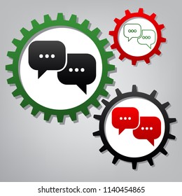 Speech bubbles sign. Vector. Three connected gears with icons at grayish background.