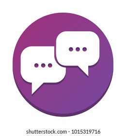 Speech bubbles sign. Vector. White icon with flat shadow on purpureus circle at white background. Isolated.