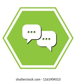 Speech bubbles sign. Vector. White icon with black shadow at yellow green honeycomb on white background.