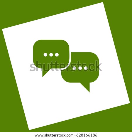 Speech bubbles sign. Vector. White icon obtained as a result of subtraction rotated square and path. Avocado background.