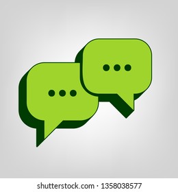 Speech bubbles sign. Vector. Yellow green solid icon with dark green external body at light colored background.