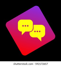 Speech bubbles sign. Vector. Yellow icon at violet-red gradient square with rounded corners rotated for dynamics on black background.