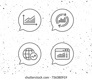 Speech bubbles with signs. Analysis line icons. Chart, Report and Global Statistics signs. Browser window data and Presentation symbols. Grunge background. Editable stroke. Vector