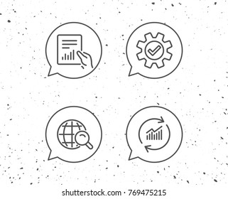 Speech bubbles with signs. Analysis, Statistics line icons. Chart, Report and Internet search signs. Data and Presentation symbols. Grunge background. Editable stroke. Vector