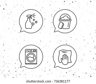 Burbujas de discurso con signos. Spray de limpieza, lavadora y línea de servicio de limpieza iconos. Señales de lavandería, esponja y cubo. Equipo de limpieza y limpie con símbolos de mano. Fondo de Grunge. Vector