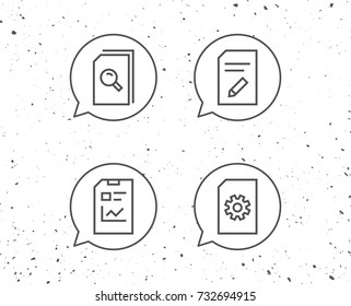 Speech bubbles with signs. Document, Report and Edit file line icons. Document Management, Search and Service signs. Grunge background. Editable stroke. Vector