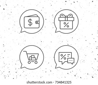 Speech bubbles with signs. Gift box, Discount and Sale line icons. Shopping cart symbol. Online buying. Grunge background. Editable stroke. Vector