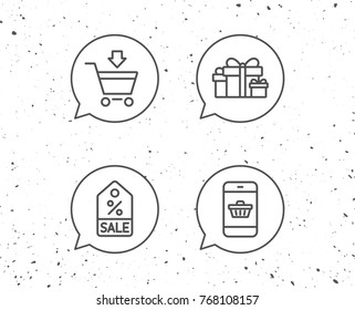 Speech bubbles with signs. Gift box, Discount and Sale line icons. Shopping cart symbol. Online buying. Grunge background. Editable stroke. Vector