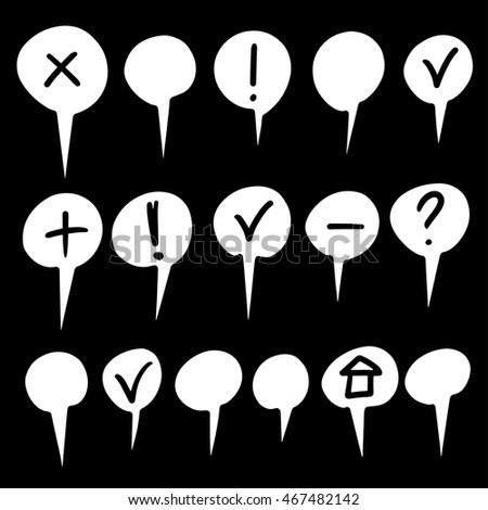 Speech bubbles with signs hand drawn set. Design elements.  Icons isolated on black board background