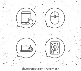 Speech bubbles with signs. Notebook, Hard disk drive and Tablet PC line icons. Computer Mouse sign. Mobile devices. Grunge background. Editable stroke. Vector